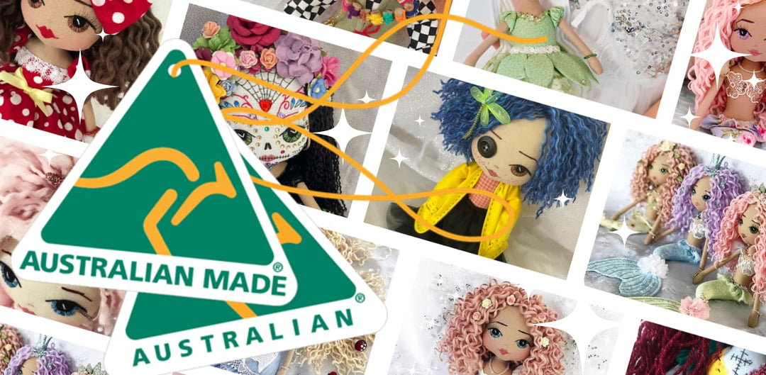 collage of Upper Dhali handmade dolls with the Australian Made green triangle logo product tags
