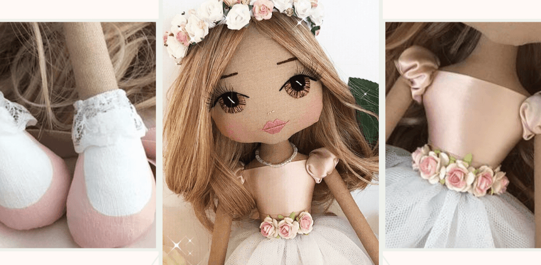 Upper Dhali Personalised handmade doll Alessandra featuring a pink and white christening dress, long blonde hair and hand embroidered face with brown eyes