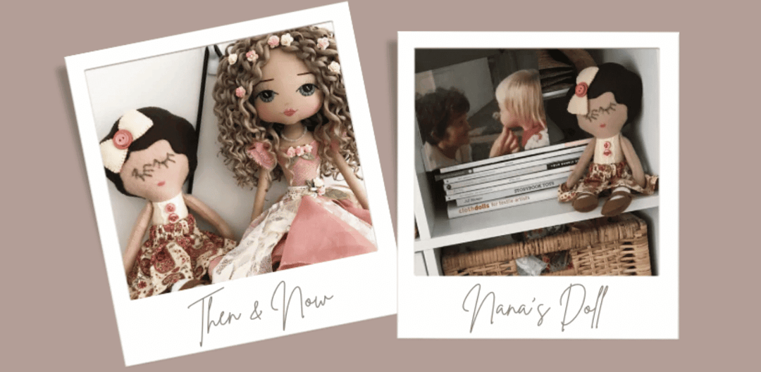 two polaroid images of Upper Dhali handmade dolls including first felt doll and current style of cloth doll
