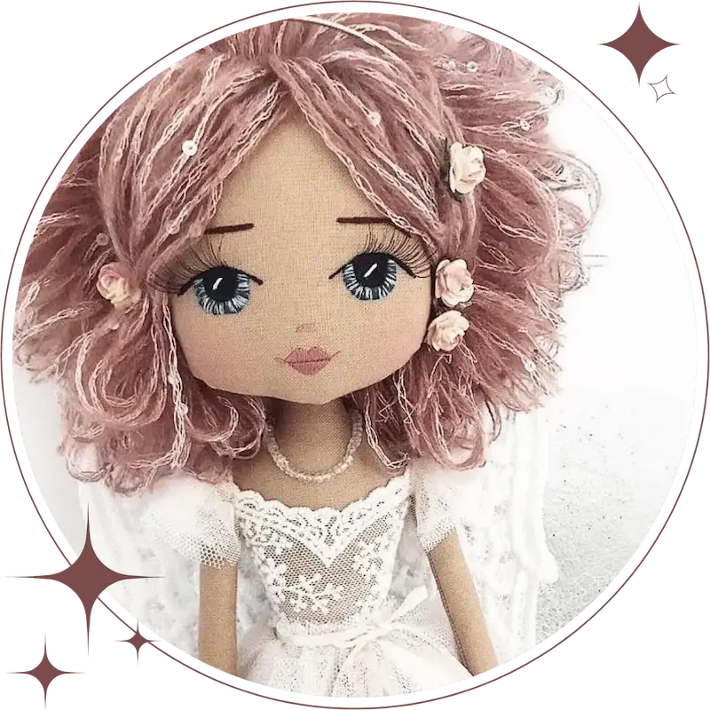 Guardian Angel handmade memory doll with dusty rose yarn hair and delicate ivory lace and tulle angel dress with white lace angel wings