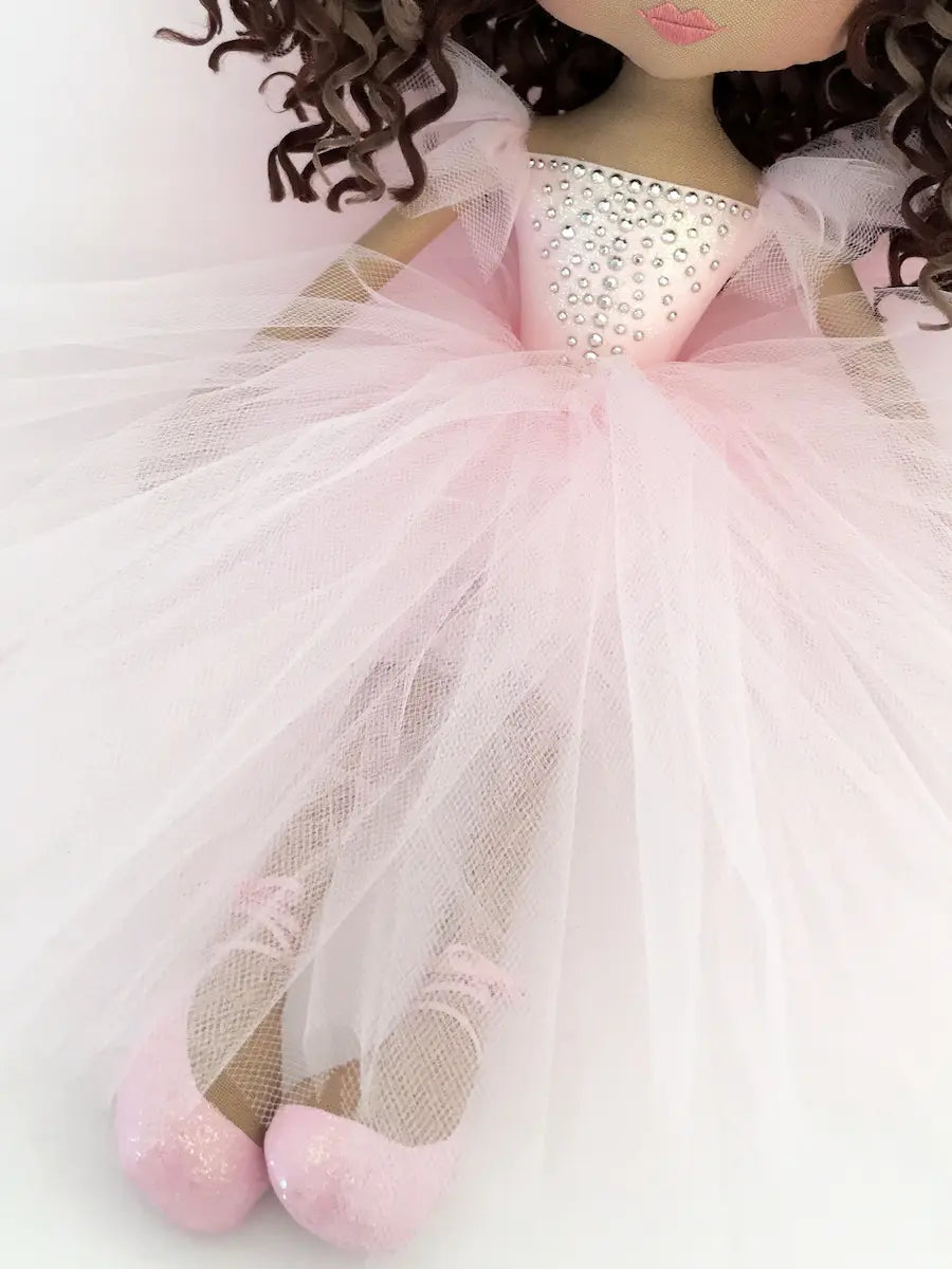 Handmade ballerina doll with pink tutu skirt and shimmery pink ballet slippers
