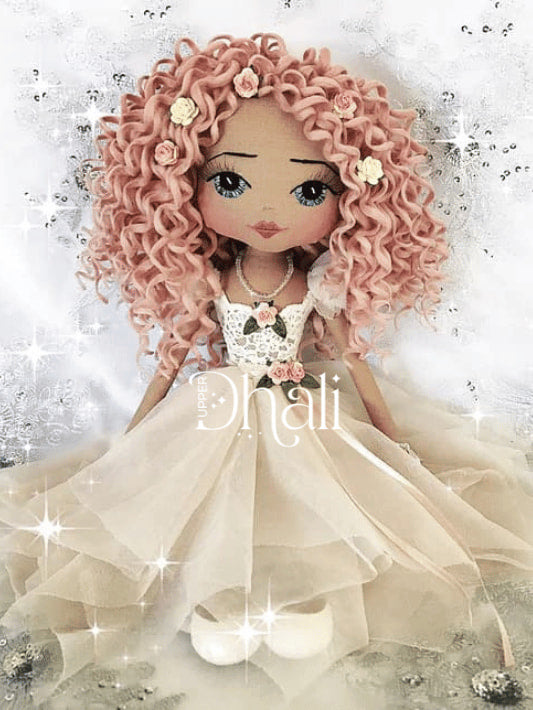 Shabby Chic vintage inspired handmade doll Delilah Rose with vintage pink hand rolled curls, hand embroidered blue eyes, dreamy dress from lace and champagne tulle with pink rose flower detail