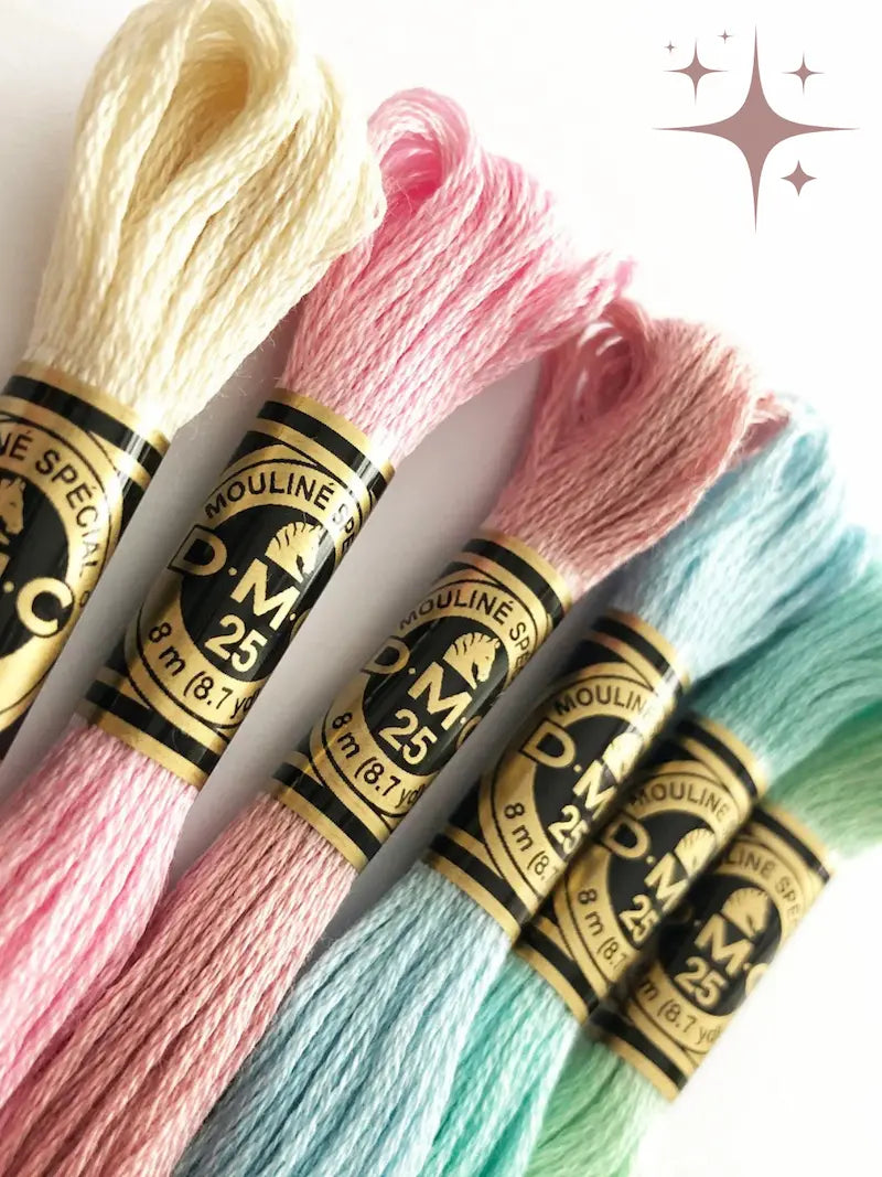 DMC Embroidery floss collection pastel rainbow colours lemon, pink, mink, light blue, turquoise and mint green