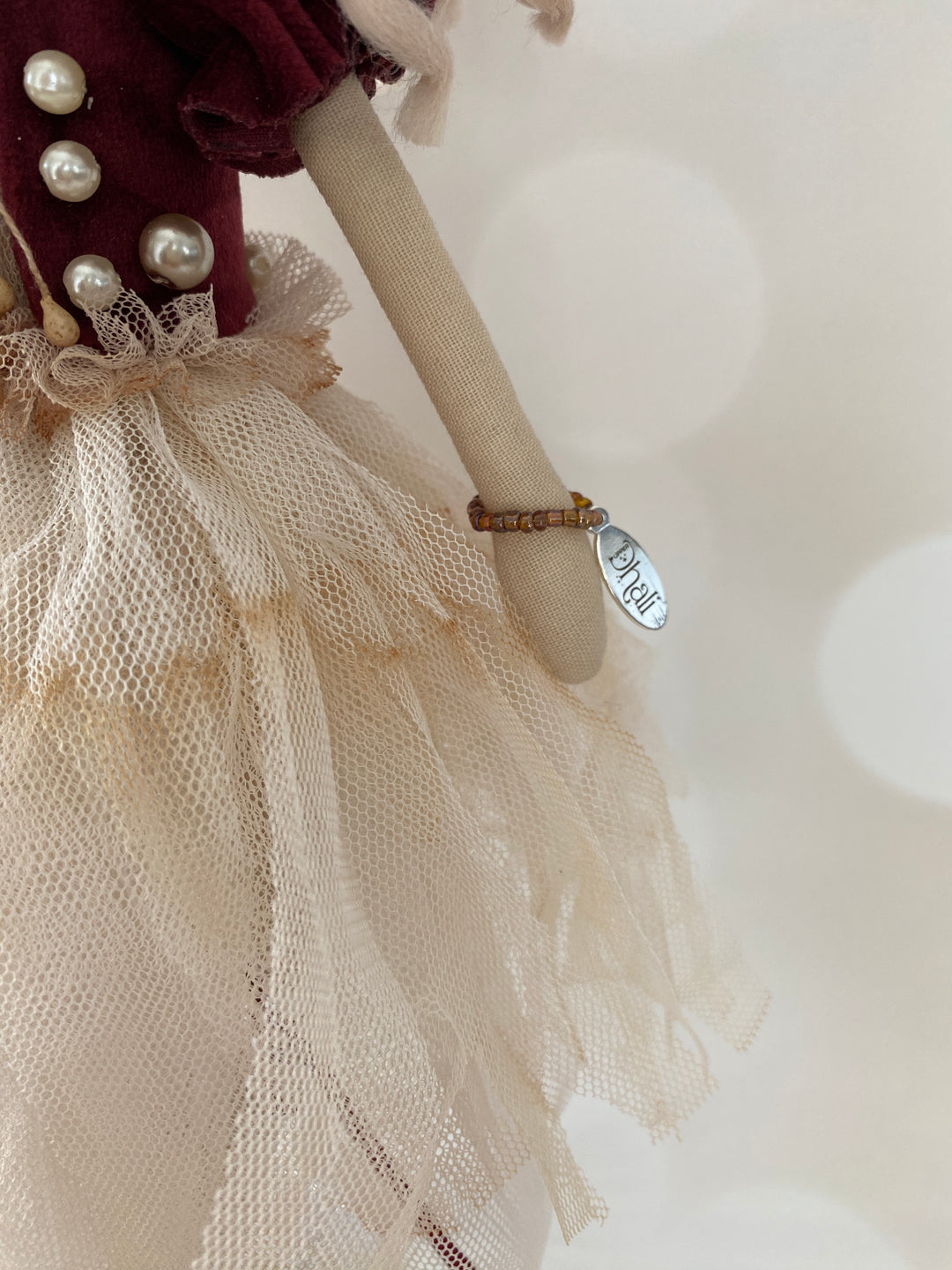 Handmade Mushroom Fairy doll tea stained tulle dress and engraved Upper Dhali authenticity charm