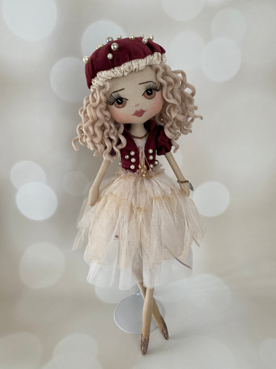 Handmade Fairy Doll in Mushroom hat and dress featuring long tea stained tulle dress, burgundy velvet jacket and a burgundy velvet mushroom hat with white pearls