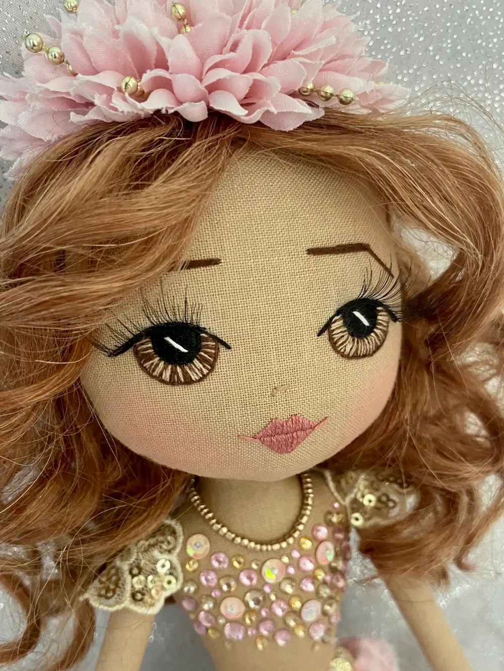 Pink & Gold handmade mermaid doll with auburn curly hair and hand embroidered brown eyes