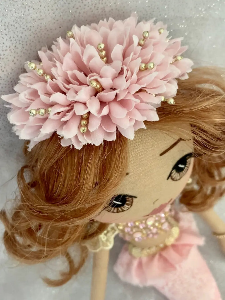 Pink & Gold handmade mermaid doll with auburn curly hair and hand embroidered brown eyes