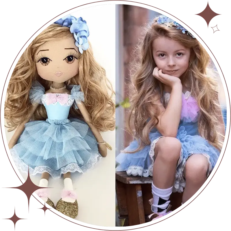 young girl wearing a blue dollcake tutu dress with personalised mini-me lookalike handmade doll made by Upper Dhali