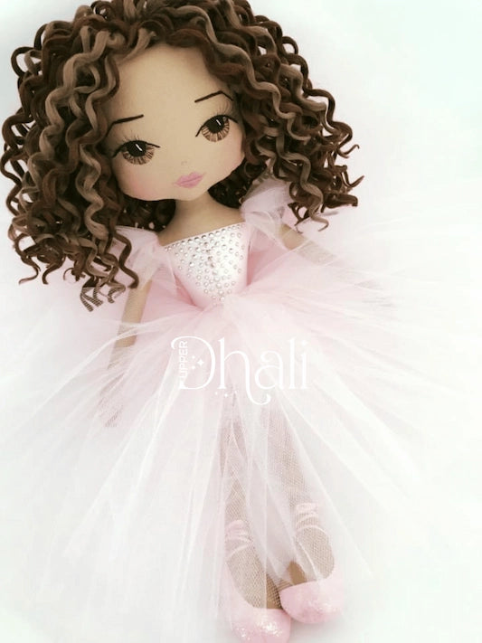 Dreamy ballerina handmade doll wearing a sparkling diamante pink and silver tutu with billowing tulle skirt and pink ballet slippers