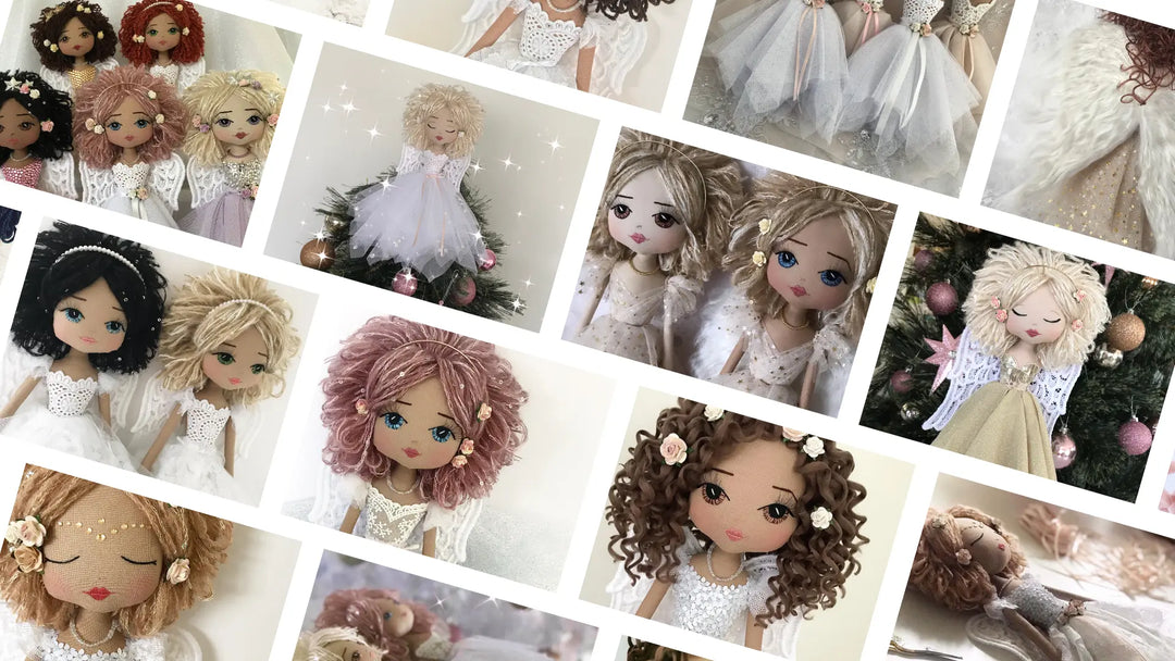 Collage of handmade angel dolls in tones of pink, gold, white and champagne, created by Upper Dhali