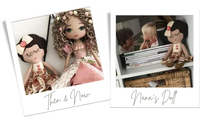 two polaroid images of handmade dolls showing the difference between the simple first felt doll and the current more refined keepsake dolls with hand embroidered faces and eyelashes