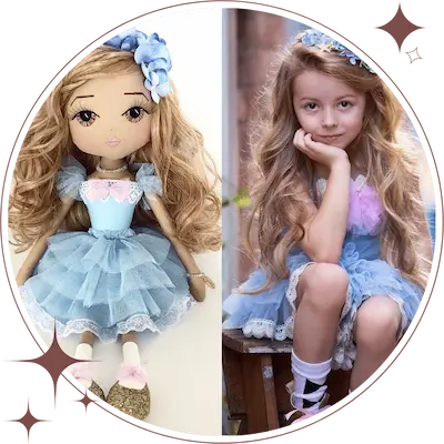 young girl wearing a blue dollcake tutu dress with personalised mini-me lookalike handmade doll made by Upper Dhali