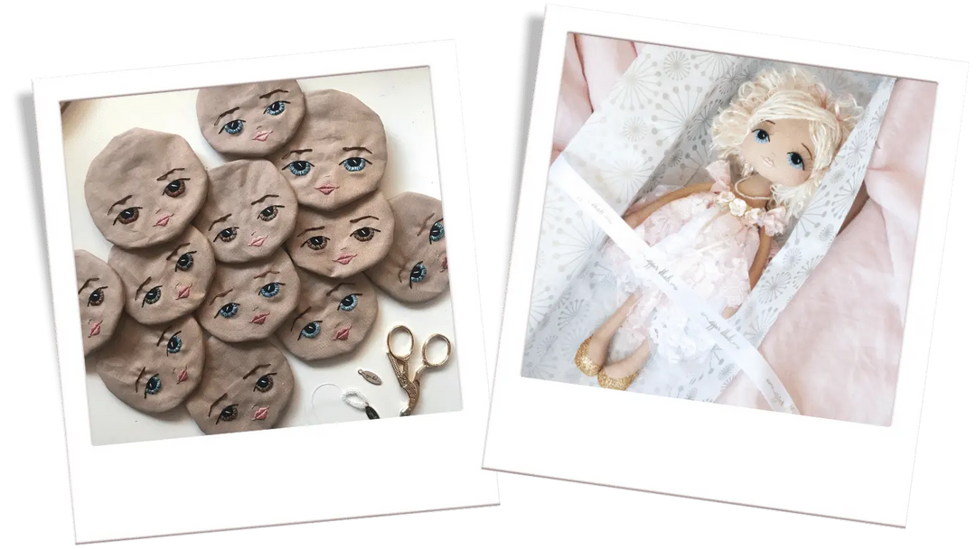 two images of Upper Dhali dolls, the first a group of hand embroidered doll faces and the other a handmade doll dressed in pink and white lace with blue hand embroidered eyes and blonde hair