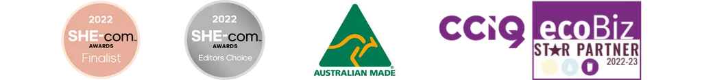 Upper Dhali certifications and awards including Australian Made Campaign, She-Com Awards, CCIQ EcoBiz star partner
