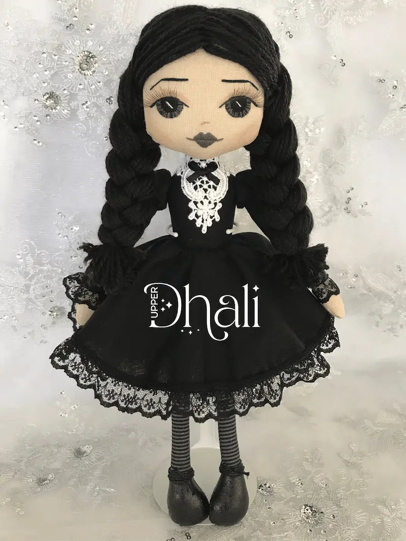 Wednesday Addams Handmade Doll with gothic inspired dress, lace underskirt, stripe leggings