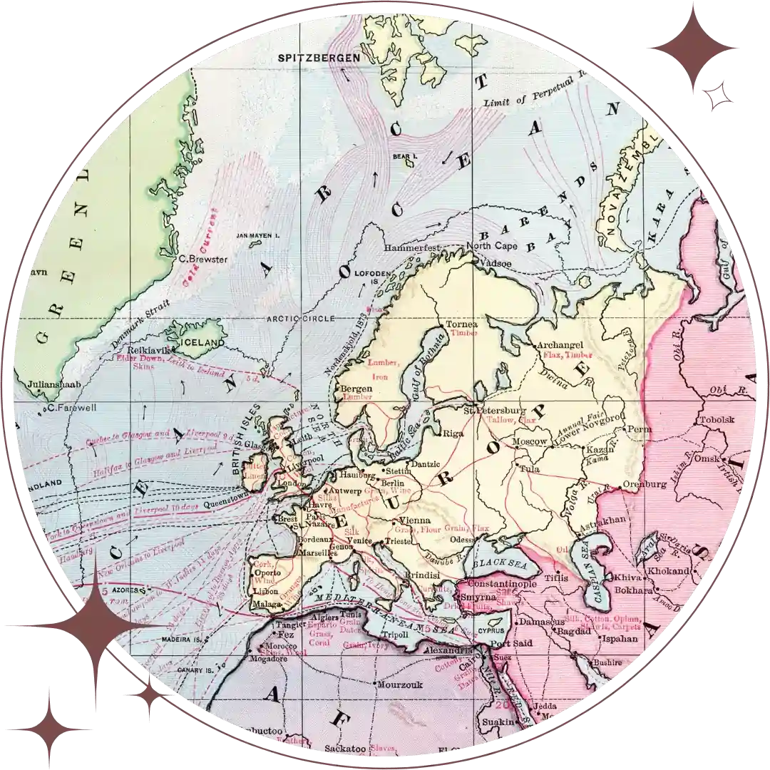 world map showing Greenland, Europe, Asia & Africa in pastel rainbow colors
