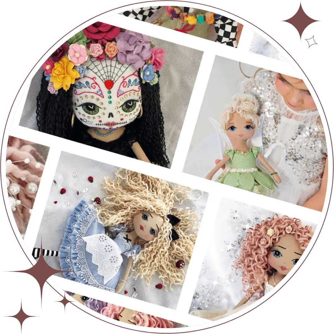 photo collage of best selling handmade dolls including sugar skull doll, alice in wonderland doll, fairy doll