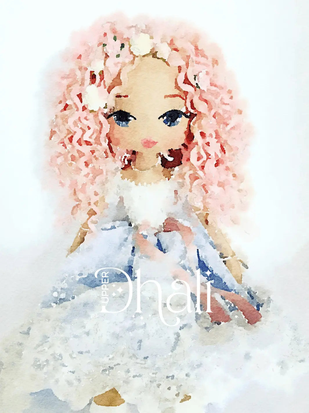 watercolour art print of a handmade doll with pink curly hair and a white lace and blue dress