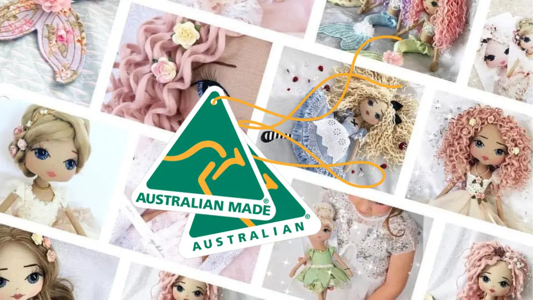Collage of handmade doll images with Australian Made logo
