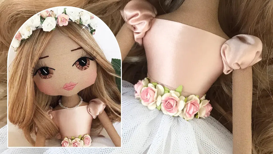 Handmade doll with pink and white dress and flower waist detail