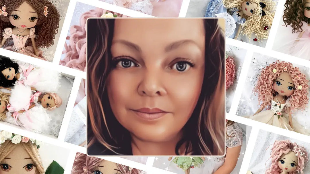 collage of handmade doll images and the founder