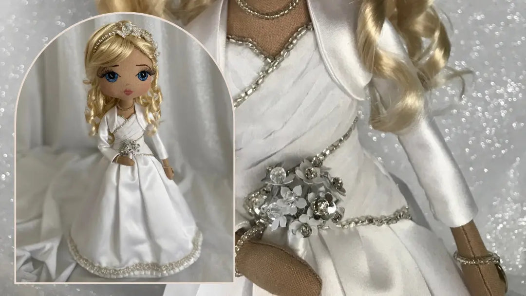 Bride doll wearing a white wedding dress and satin jacket