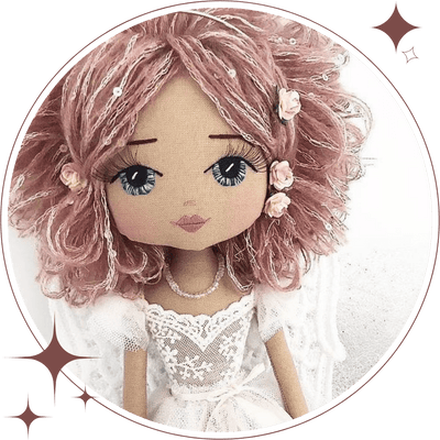 Upper Dhali handmade angel doll with dusty pink sequin hair, hand embroidered face featuring blue eyes and a lace and tulle angel dress with lace wings