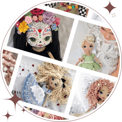 photo collage of Upper Dhali handmade dolls including sugar skull, tinker fairy, alice in wonderland 