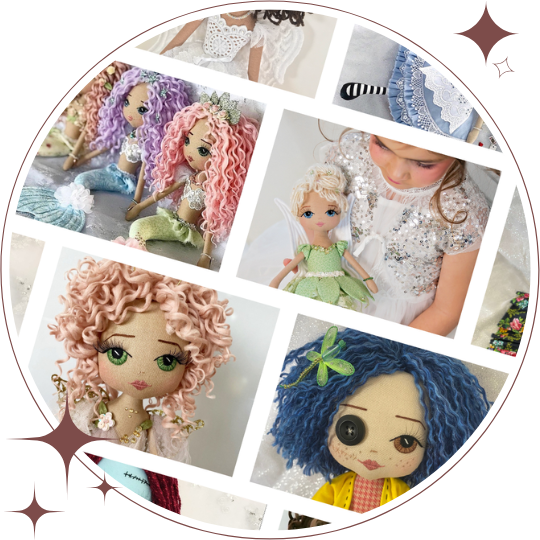 collage of pop culture character doll made by Upper Dhali in a circle frame