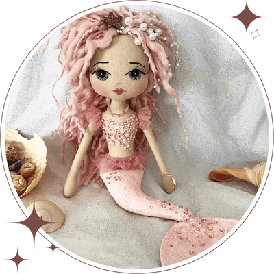 Pink handmade mermaid doll with sequin diamante bodice and hand embroidered face with blue eyes