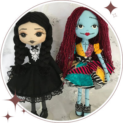 Creepy cute halloween dolls Wednesday Addams and Sally Skellington from Nightmare Before Christmas