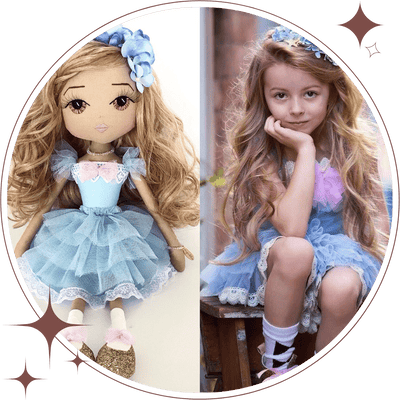 Personalised handmade portrait mini-me doll wearing a blue dollcake inspired tutu dress alongside young girl wearing the same outfit with long blonde curly hair