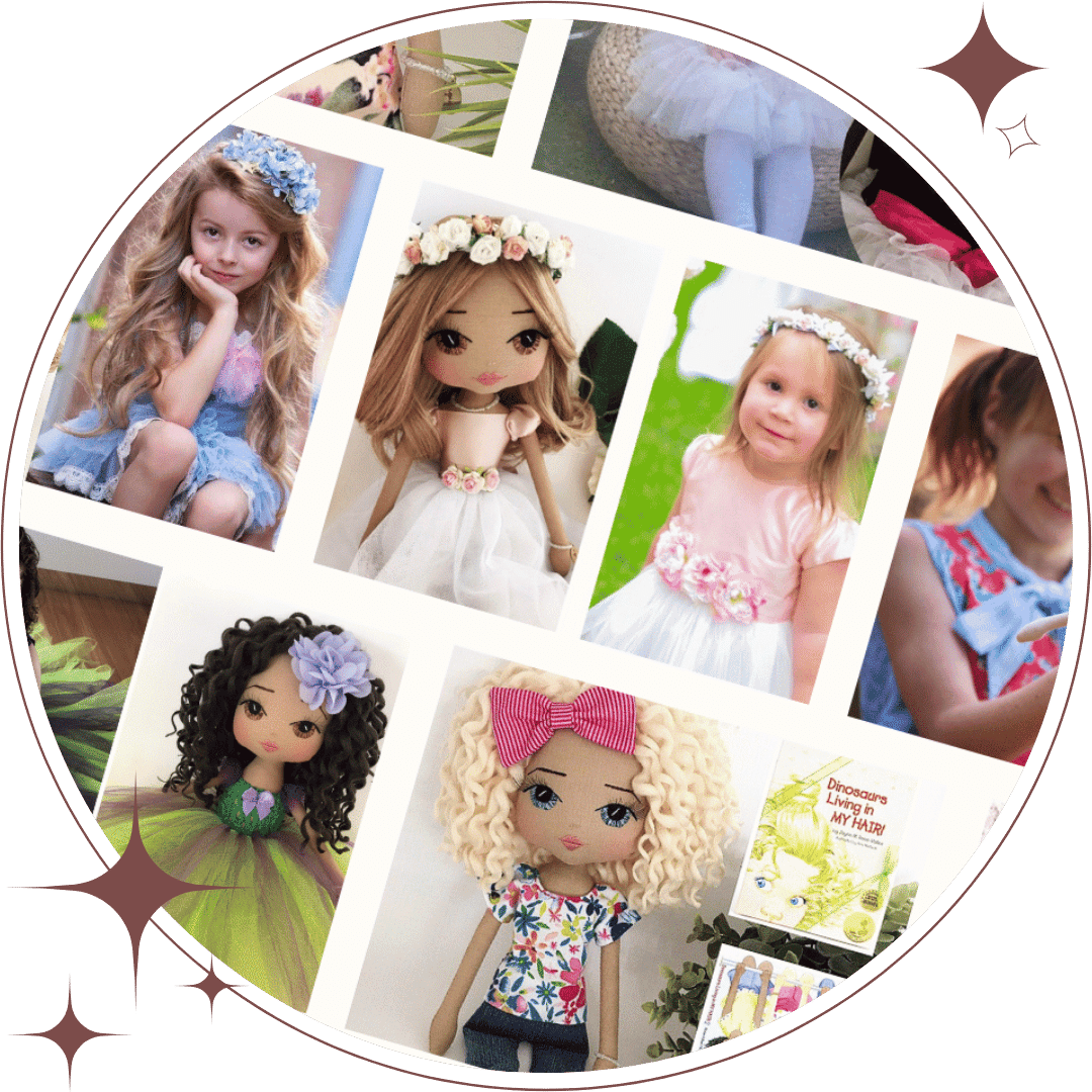 photo collage of mini-me personalised handmade dolls and the people they were made for. Made by Upper Dhali