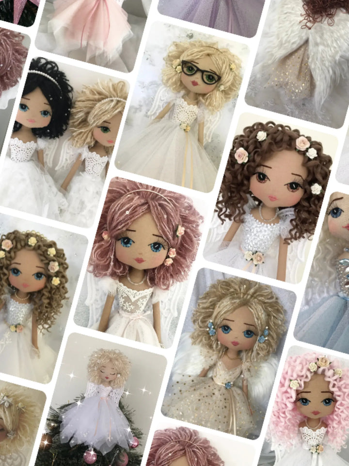 Collage of angel dolls with various hairstyles and outfits