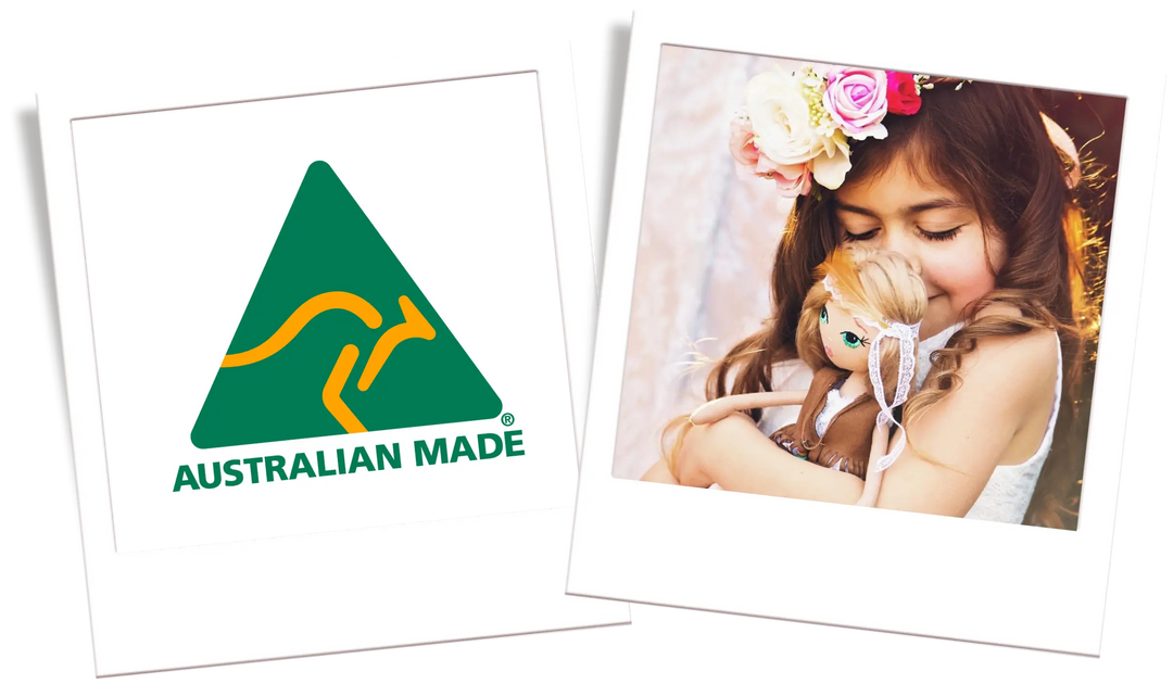 two polaroid images of Australian Made logo and handmade doll by Upper Dhali