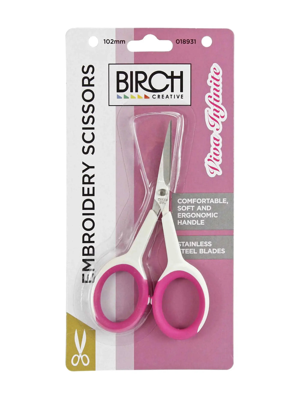 Birch embroidery scissors with pink handles on a white background