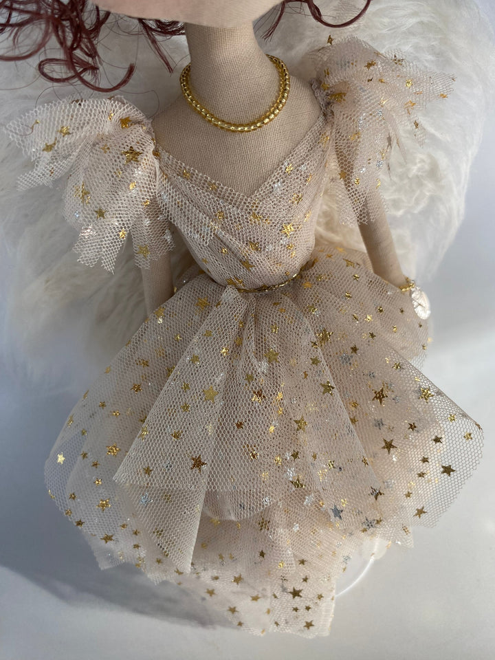 Christmas Angel keepsake doll close up detail of Gold Star angel dress