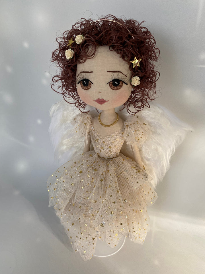 Golden Christmas Angel with brown curly hair, brown eyes and dreamy soft eri silk felted angel wings