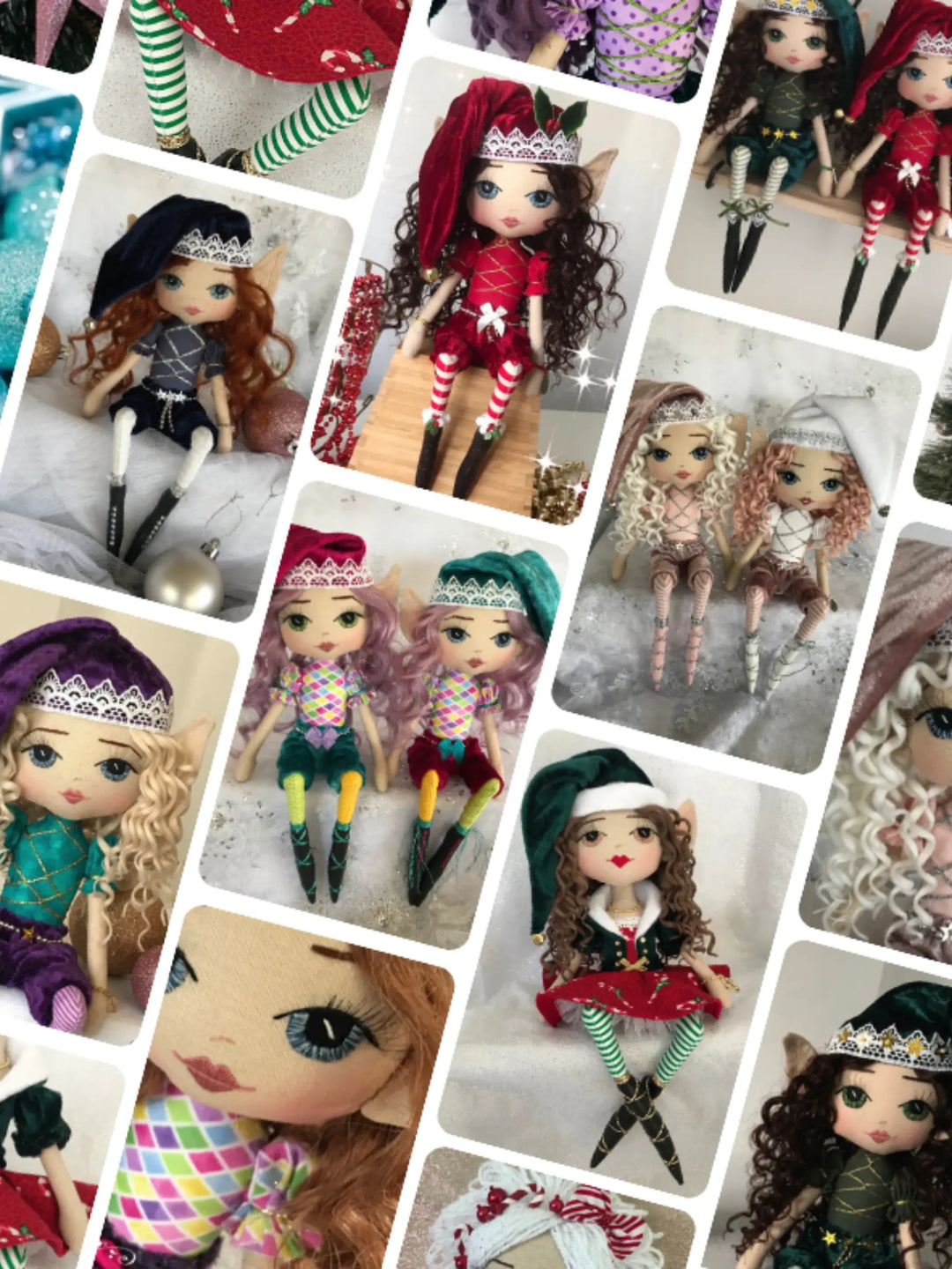 Collage of various christmas elf dolls with different outfits and hairstyles.