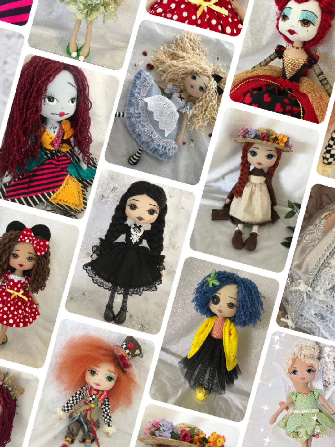 Collage of various dolls with different hairstyles and outfits.