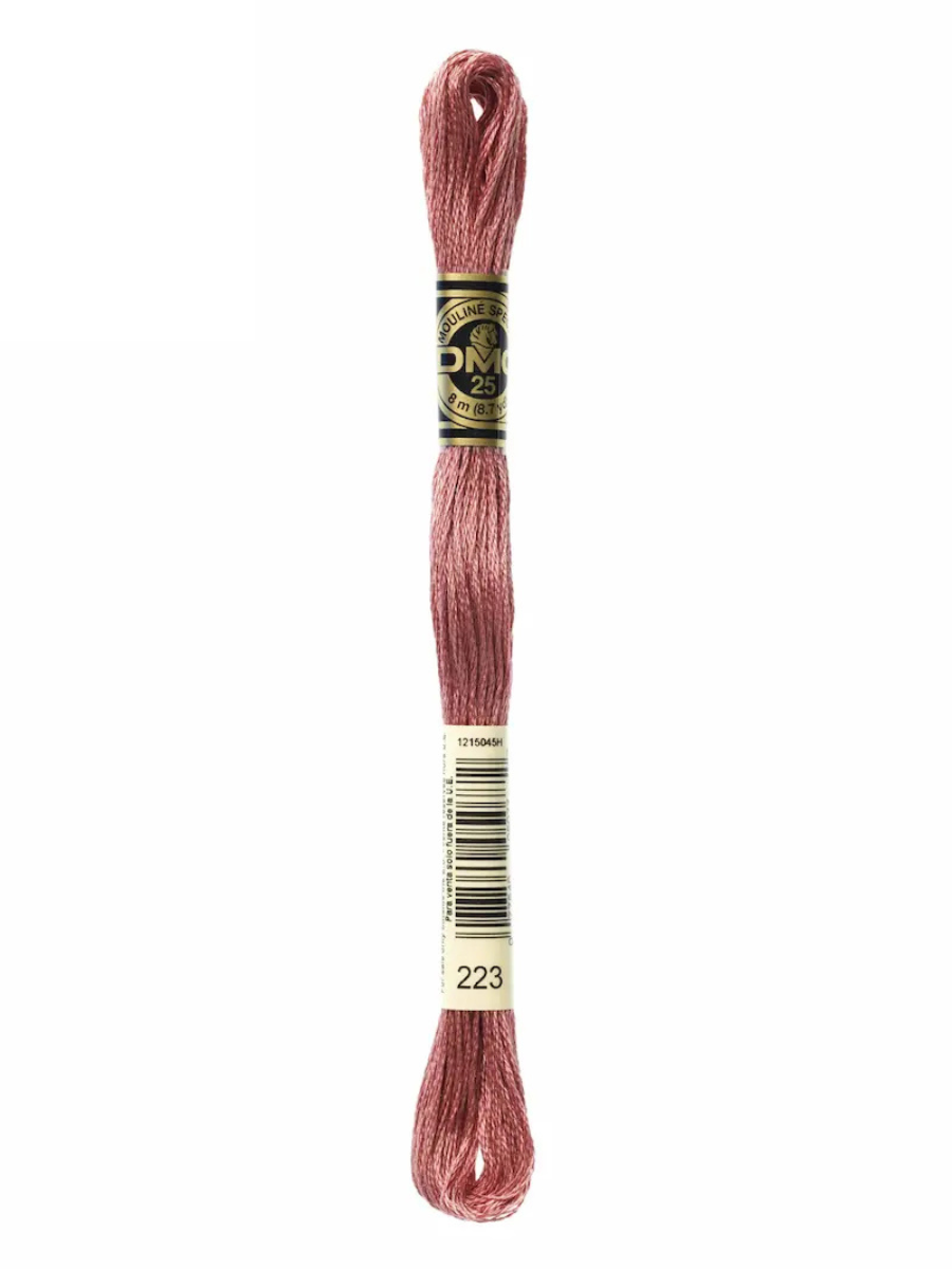 Pink embroidery floss on a white background