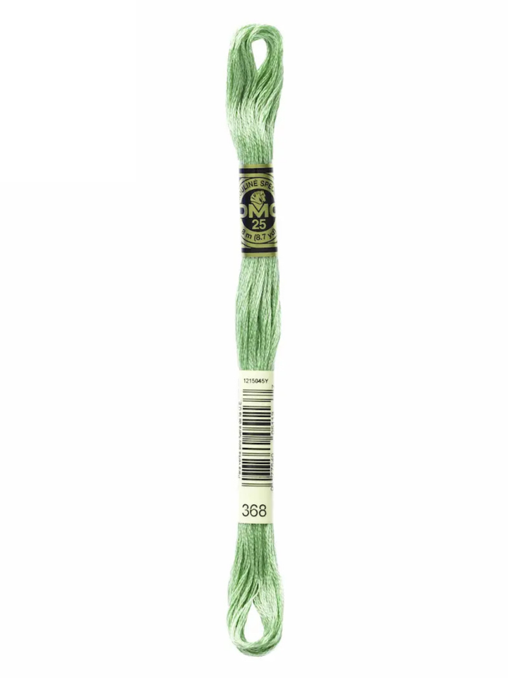 Green embroidery floss on a white background