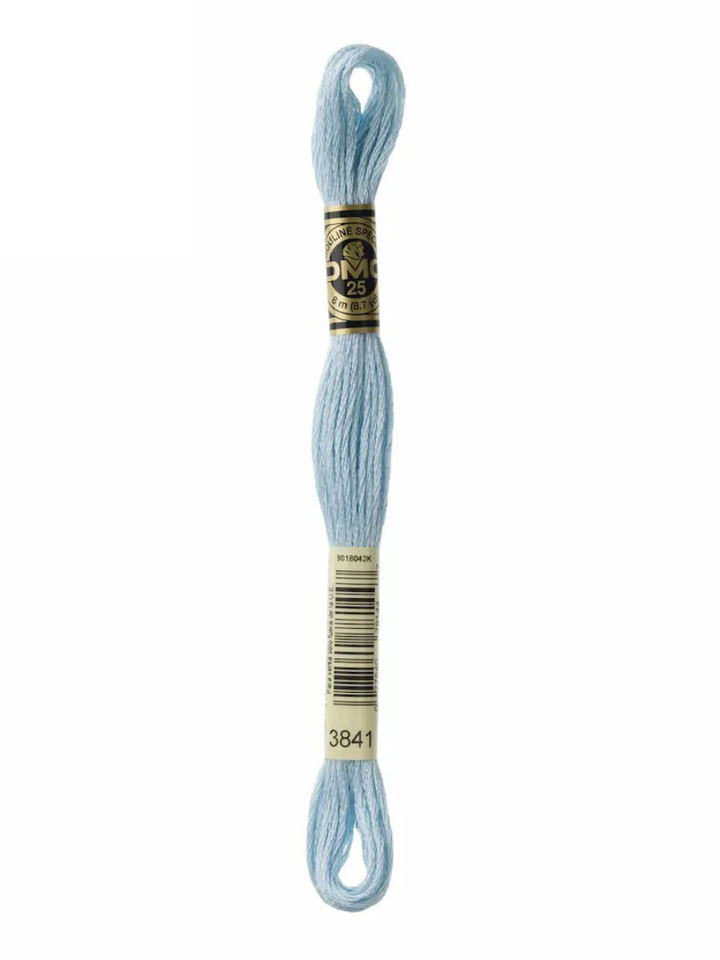 Light blue embroidery floss on a white background