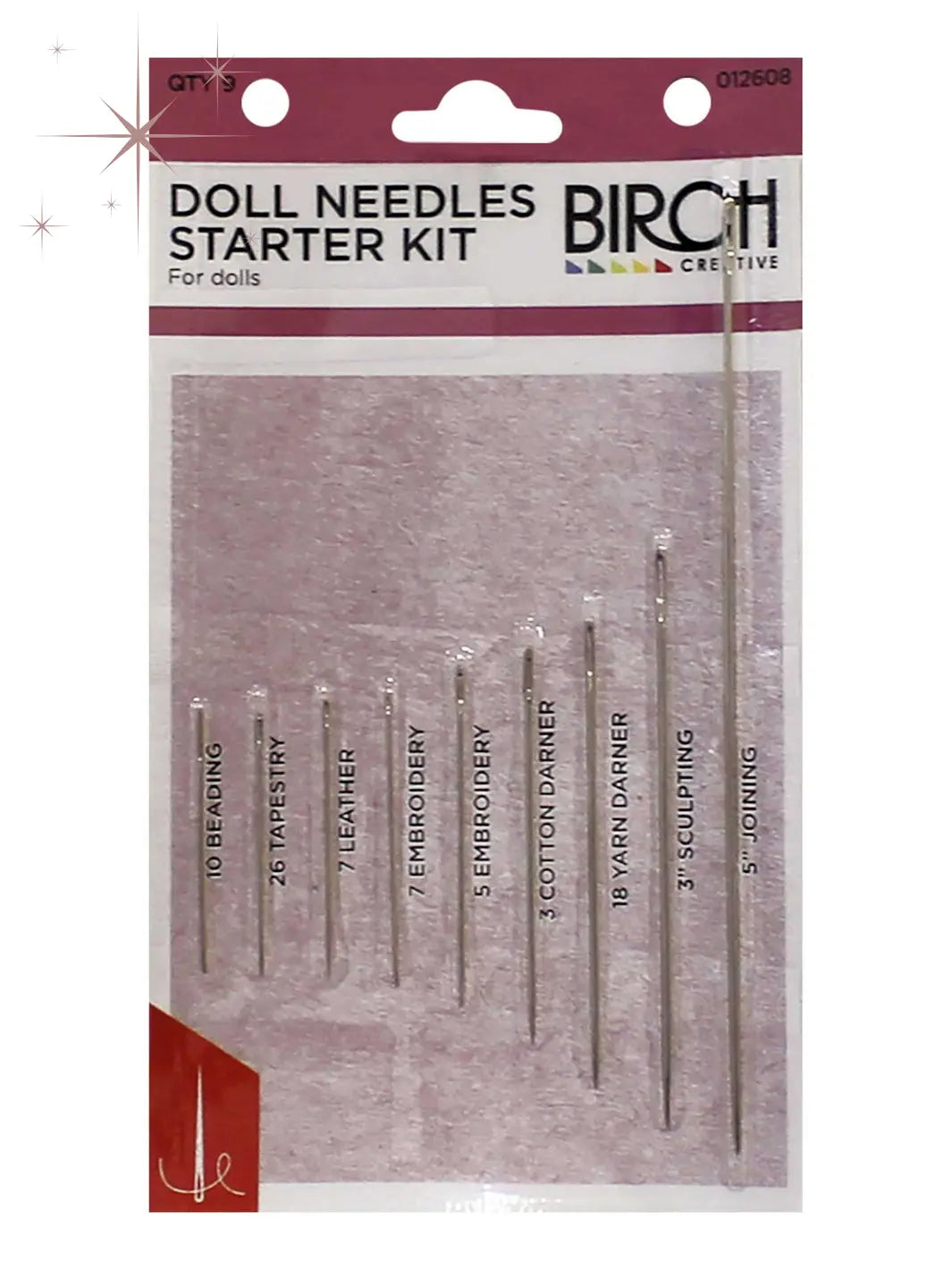 Birch Creative Doll Needles Starter Kit 9 pack includes needles in various sizes for beading, tapestry, leather, embroidery, sculpting, joining and darning.