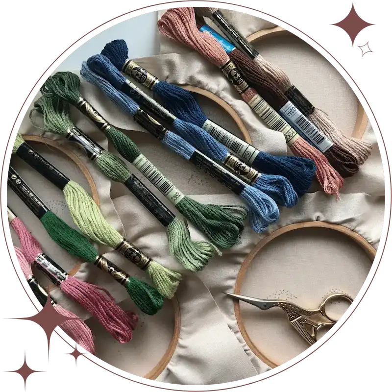 fabric in embroidery hoops with an assortment of embroidery floss skeins and embroidery scissors on a table
