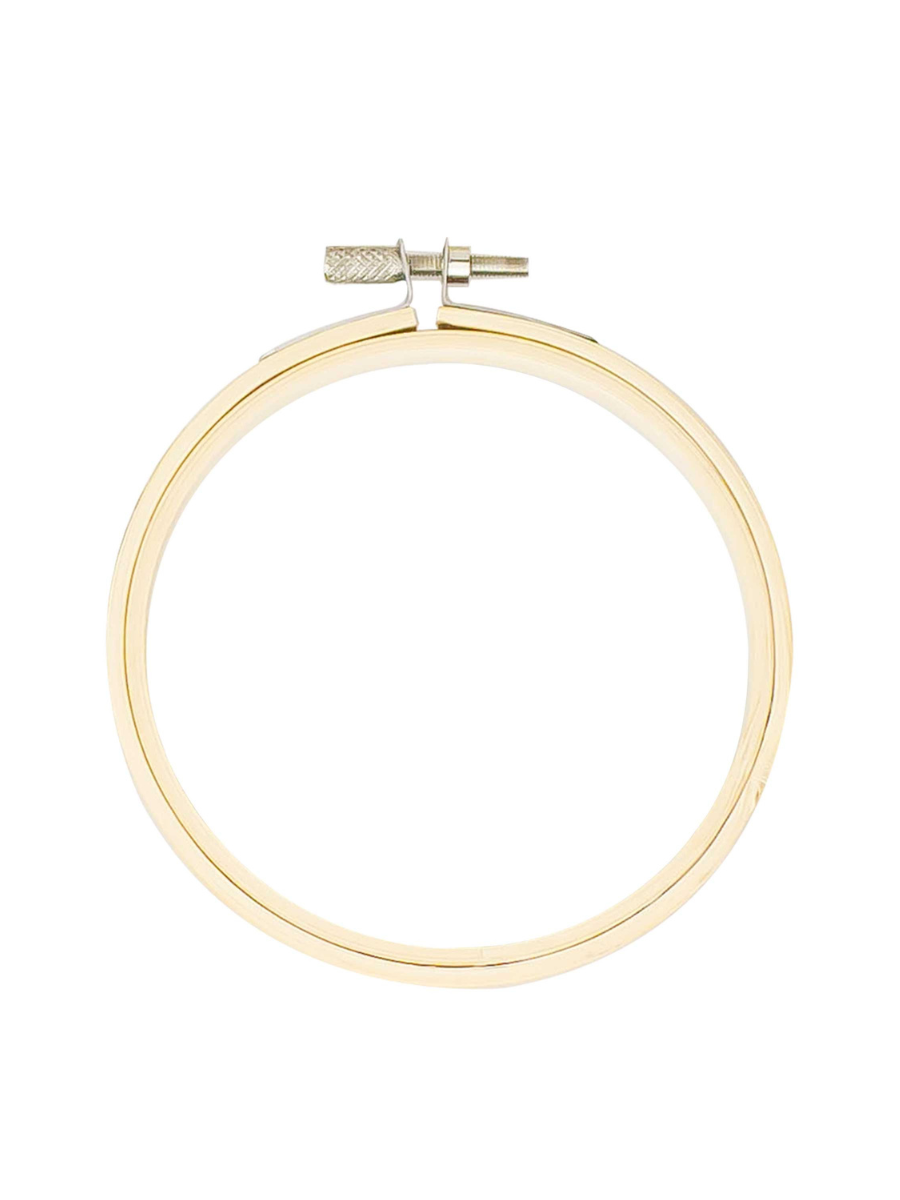 bamboo embroidery hoop with a silver clamp on a white background