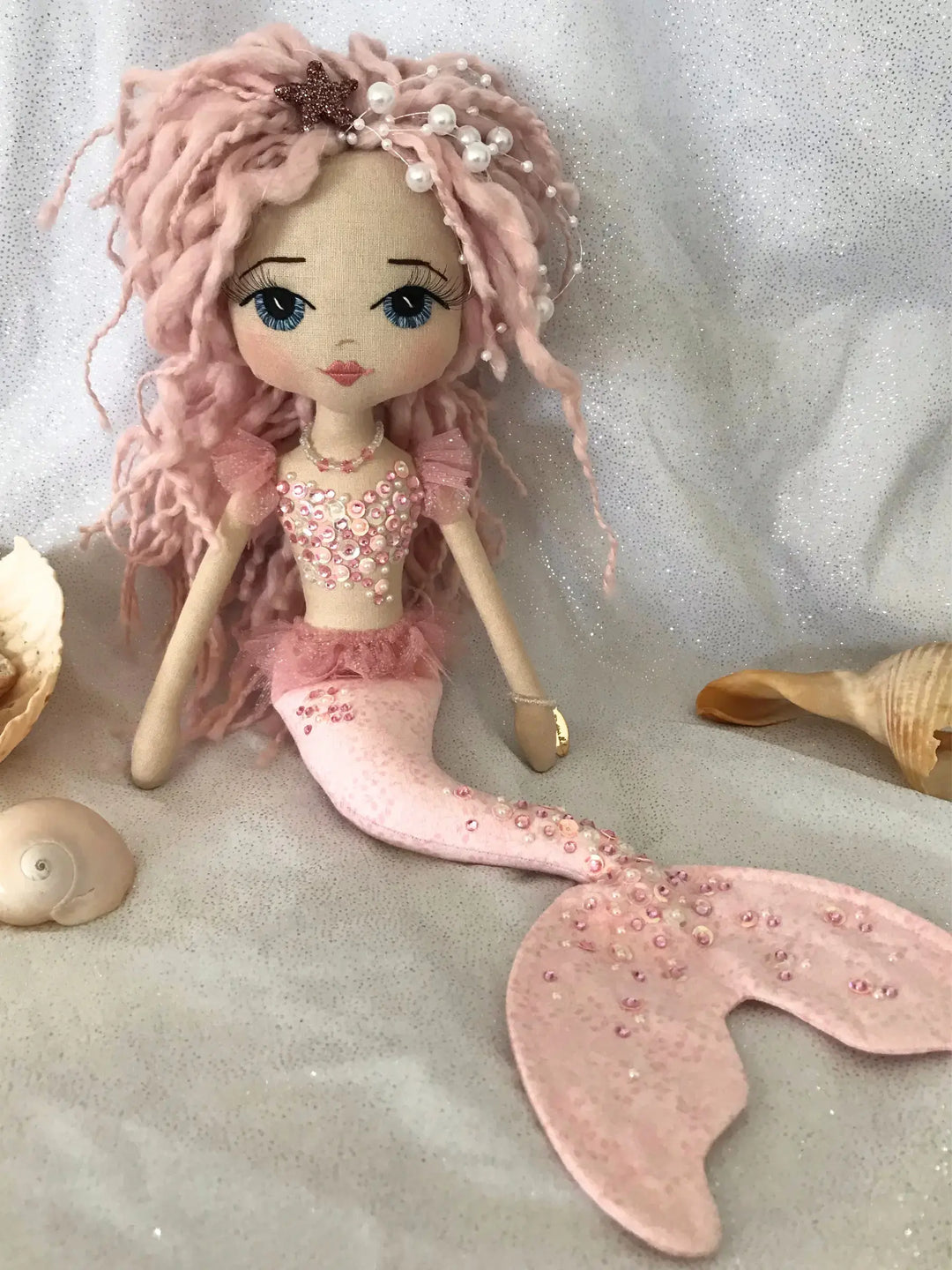 Pink mermaid doll with pink dreadlocks made by Upper Dhali