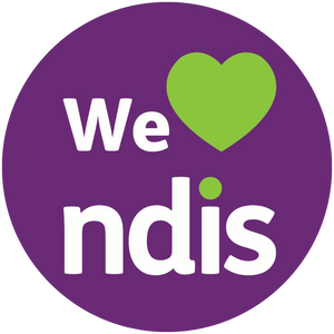 We love NDIS logo purple circle with white writing and green heart