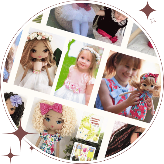 Collage of look-alike dolls with children in a circle frame with stars