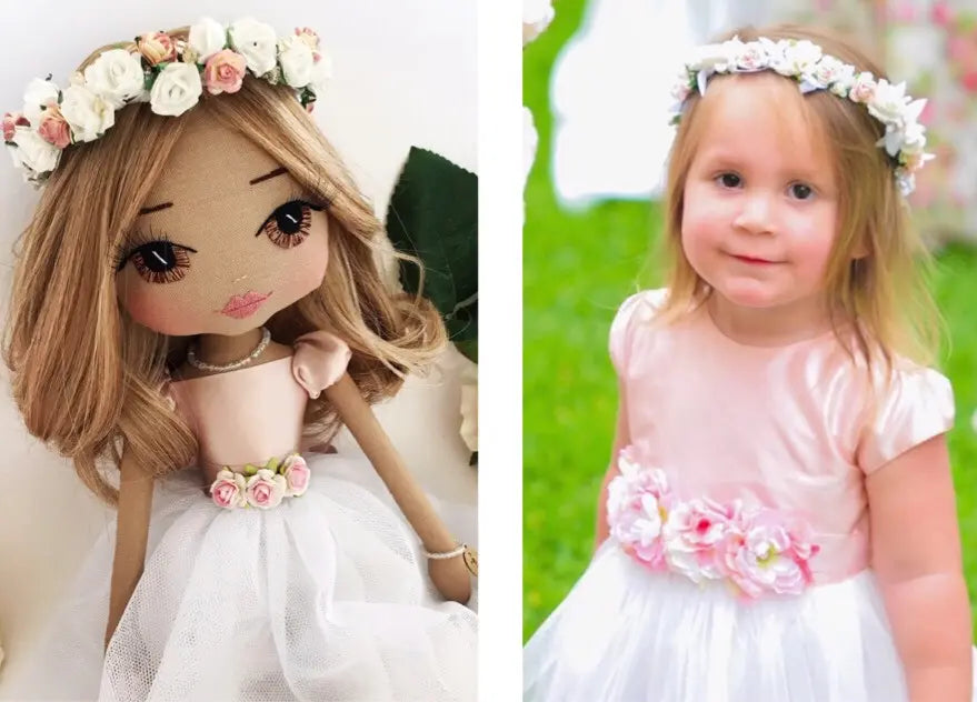 Side-by-side comparison of a doll and a child wearing similar outfits with floral crowns and dresses.
